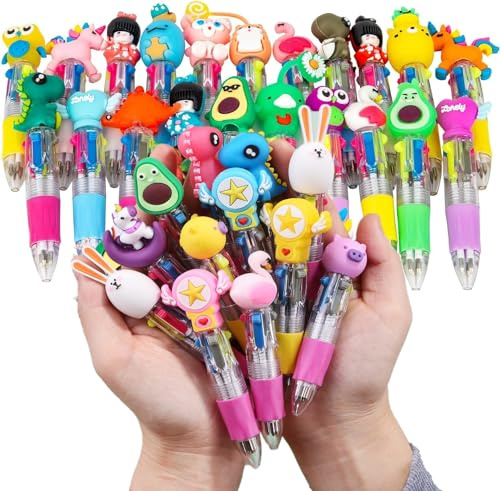 KAHEIGN 32 Pezzi Penna a Sfera del Fumetto, 4 In 1 Penna a Sfera Multicolore 10CM Penna Carina Retrattile Penna a Punta Spessa 0,7mm per Ufficio Scuola Studenti Bambini Regalo Festa Borsa Riempitivi