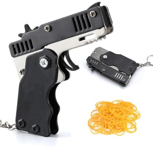 MenYiYDS 1 PCS Mini Pistola ad Elastici in Metallo Pieghevole con Portachiavi e 60+ Elastici, Pistola ad Elastici Mini Portachiavi per Giochi di tiro per Bambini attività all'aperto (Nero)