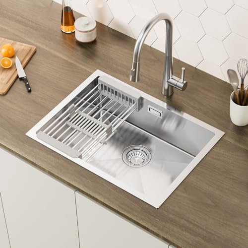CECIPA Lavello Cucina 1 vasca 60 x 44 cm, Lavello in Acciaio Inox da Incasso, Lavandino Cucina con Colino Cestello Estensibile, Lavabo Cucina con Sifone e troppopieno