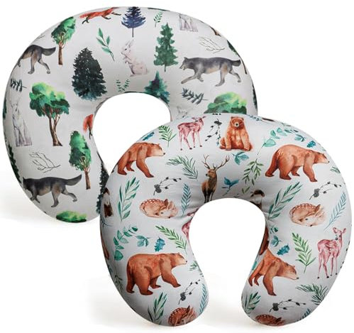 FIGEPO 2 Pack Nursing Pillow Cover Neutral Stretchy Removable Baby Nursing Covers for Breastfeeding Pillows Soft Breathable Pillow Slipcover for Newborn Baby Boy or Girl (Animal)