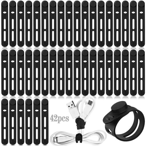 Tellegloww 42 Pcs Silicone Cable Ties Reusable Cord Organizer Adjustable Data Cable Wraps for Earphone Phone Charger Computer Cord Management Straps Travel Essentials(Black,3.15 Inch)