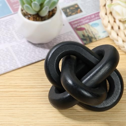 BUTORY Wood Chain Link Decor 3 Link Wood Knot Decor White/Black Wood Knot Art Decorative Wooden Links Knots Rustic Wood Chain Link Decor for Living Room Bedroom Office Decorations 12x12x12cm #(black)