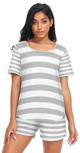 HMZXZ Damen Schlafanzug-Set Grau Linie Sommer Pyjama Woman Set, Streifen Loungewear und Shorts Lounge Set Sleepwear Nachtwäsche