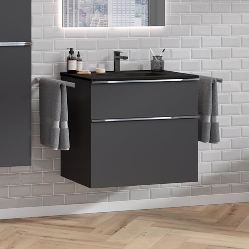Zentrobad Griff Premium Waschbecken schwarz mit Unterschrank 80 cm Waschtisch Badmöbel Badezimmer Schrank Badschrank mit Zwei Schubladen (anthrazit matt lackiert)