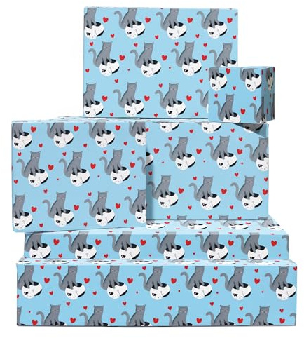Katzen-Geschenkpapier – Herz – 6 Blatt blaues Geschenkpapier – knetende Katzen – Liebes-Geschenkpapier für Geburtstag, Jahrestag, Valentinstag – mit Aufklebern – von Central 23