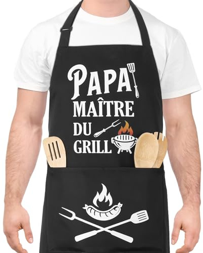 Halinuia Grillschürze für Herren, Küchenschürze für Männer, verstellbare wasserdichte schwarze personalisierte Grillschürze für Grillparty, Vatertag, Geburtstag, Weihnachten