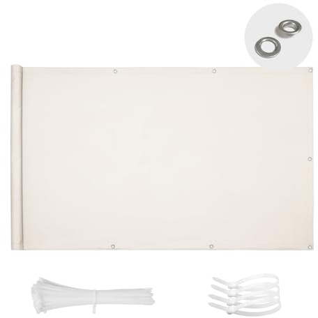 SUN BLOCK Brise Vue Balcon 100x600cm Imperméable Cache Vue Balcon Protection UV Opaque Résistant aux Contre Vent avec Trous et Serre Câbles pour Exterieur Terrasse-Crème