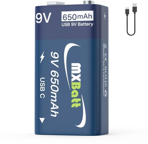 MXBatt Batteria Ricaricabile da 9V al Litio USB 650mAh con Cavo di Ricarica, Batterie da 9 Volt per Allarmi Rilevatori di fumo 1 Confezione