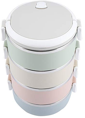 BSTCAR Portapranzo Isolante con Manico, Portavivande Rotondo in Acciaio Inossidabile, Contenitore Impilabile, per Lavori Scolastici (Quattro strati 2800ml)