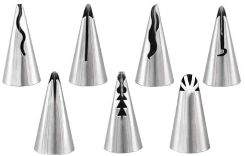 One Set of 7pcs Stainless Steel Russian Piping Nozzles - Piping Nozzles and Tips, Russian Ruffle Skirt Icing Piping Tips for Pastry, Cake, and Cupcake Decorating - Essential Baking Tools