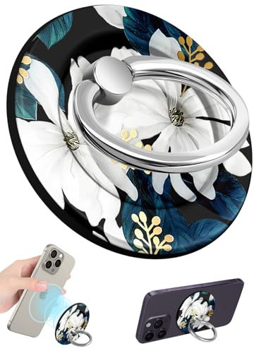 SurgeCraft Phone Ring Holder Compatible with MagSafe - Magnetic Phone Grip for Women Girls Cute Girly White Flower Adjustable Finger Ring Grip Stand Accessories for iPhone 16 15 14 13 Pro Max/Pro/Plus