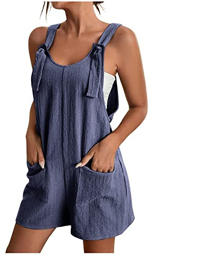 EMATOP Overall Damen Sommer Kurz Jumpsuit Baumwolle Leinen Latzhosen Ärmellos Lässiger Trägerhose Elegant Leicht Einteiler Shorts Einfarbig Mode Arbeitshose mit Taschen Playsuit Sport Romper