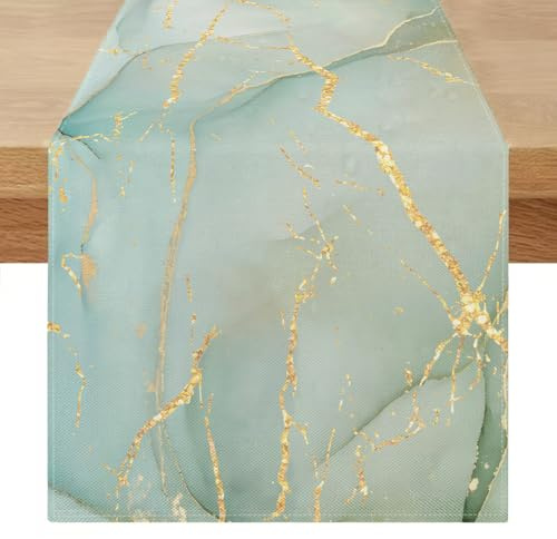 Tischläufer Modern Grau Grüner Marmor Goldene Textur Abstrakte Kunst Bunt Läufer Tisch Leinen Waschbarer Saisonnal Küche Tisch Dekoration für Esszimmer Küchentisch Schlafzimmer 40 x 140 cm
