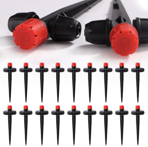 VooGenzek 18 Piezas Ajustables de 360 Grados en Estaca Rociador, 8 Goteros de Flujo con Tuerca para Tubos de 1/4 Pulgadas, Emisores de Riego por Goteo, para Sistema de Riego, Rojo