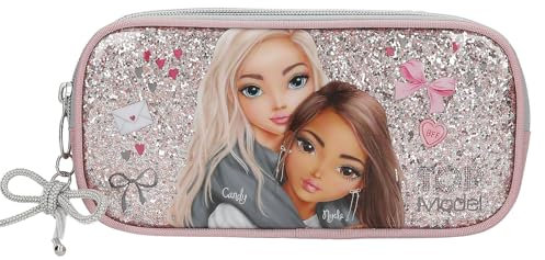 Depesche 13319 TOPModel My BFF - Schlampertasche in Rosa und Grau, mit Model Motiv und Glitzer, Federtasche mit Schleifen-Anhänger