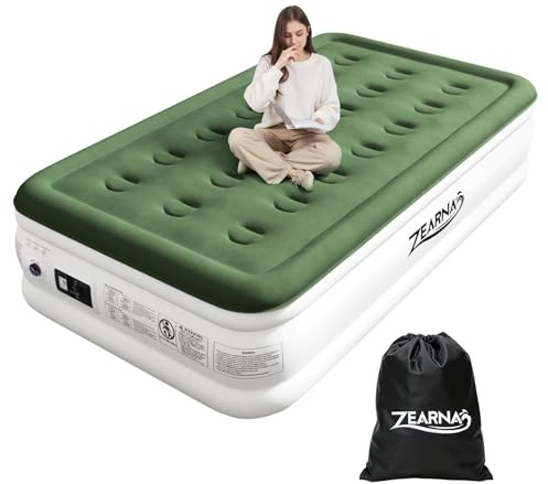 Zearna Single Inflatable Mattress, Single Air Bed for Home with Built-in Electric Pump, Blow Up Mattress in 3 Mins Self-Inflation/Deflation, Flocked Surface Guest Airbed for Portable Guest Bet