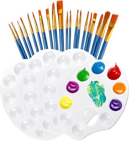 4 Pezzi Tavolozza per Dipingere in Plastica con 20 Pennelli, Tavolozza di Pittura a 10 Pozzetti, Tavolozze Universale per Olio, Acquerelli, Fai da te, Scarabocchi, Principianti, Studenti e Pittori