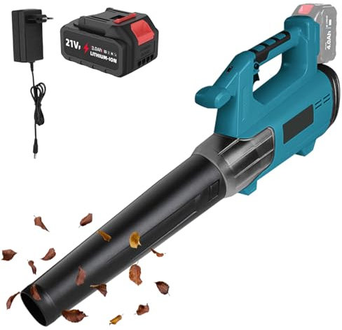 Soffiatore di foglie senza fili 21 V, soffiatore a foglie morte con 2 x 4,0 Ah, batteria e caricabatterie, velocità massima 150 km/h, 6 velocità variabile, foglia di fiori per cortile, prato, giardino