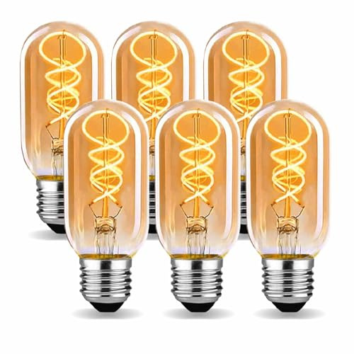 Roomrite Edison Vintage Glühbirne E27,E27 LED Vintage 4W T45 2700K Warmweiss Retro Glühbirne LED Filament Lampe für Retro Beleuchtung im Wohnzimmer/Schlafzimmer/Esszimmer - Bernstein, 6 Stück