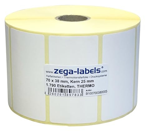 Thermo Etiketten auf Rolle - 70 x 38 mm - 1.790 Stück je Rolle - Kern: 25 mm - aussen gewickelt - permanent haftend - Druckverfahren: Thermodirekt (Drucken ohne Farbband)