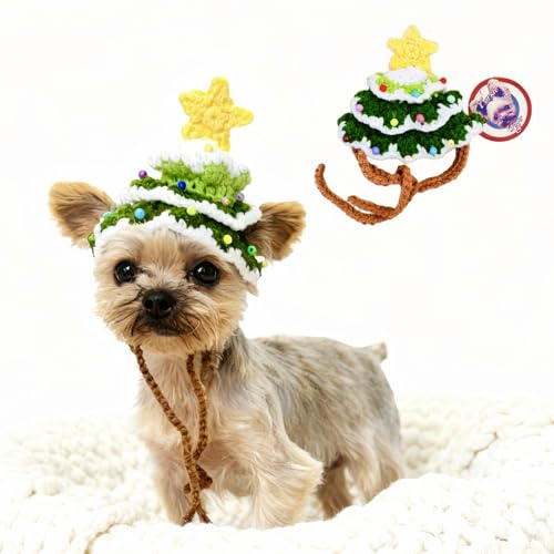 YorkieGogo Hand-Knit Christmas Tree Hats for Tiny Pet, Cozy Holiday Costumes Perfect for Teacup Dogs (e.g. Chihuahua, Yorkie, Miniature Pinscher), Cats, Bunnies, Small Animals (XXS, Christmas Tree)