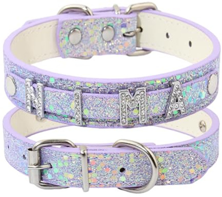 Personalisiertes Hundehalsband mit Glitzer-Buchstaben und Strass-Namen, anpassbares PU-Lederhalsband für große, mittelgroße und kleine Hunde, 4 (austauschbare Namensbuchstaben)