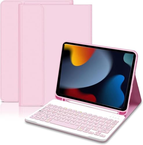 KTOITION Clavier Coque pour iPad 10.2 9ème/8ème/7ème Génération 2021/2020/2019/Air 3 2019/Pro 10.5, AZERTY Français Amovible Clavier Bluetooth sans Fil Etui Réveil/Sommeil Automatique (Rose 1)