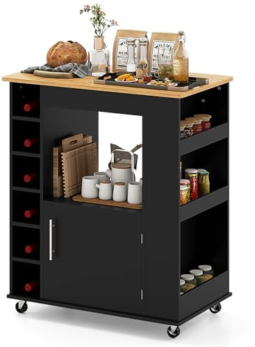 TANGZON Kitchen Storage Trolley on Wheels, Rolling Kitchen Island with Cabinet, Open Shelf, 6 Wine Holders, Bamboo Worktop, 3 Spice Racks & Towel Rack, Dining Room Utility Serving Cart (Black+Natural)