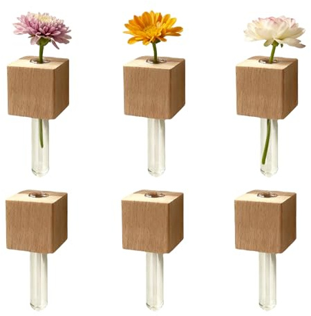 Mini-Vasen-Magnete für Kühlschrank, 3D-Holz-Magnetvase mit Röhre, kleiner Blumenhalter für getrocknete Blüten, niedliche Küche, Büro, Schreibtisch, Kühlschrank, Zubehör, Geschenkidee (6 Stück)