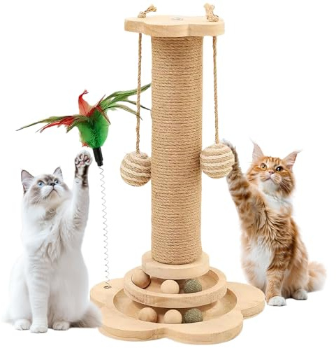 Kratzbaum Katzen mit Hängenden Bällen & Lagiger Drehteller, 4 IN 1 Interaktives Holz Katzenspielzeug, 46cm Hoher Kugelbahn Katzenkratzbaum, Sisalseil für Wohnungskatzen & Kätzchen