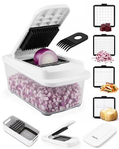 Keplin 4-in-1 Vegetable Chopper with Container, Large Capacity Food Chopper with 4 Interchangeable Blades, BPA Free, Dishwasher Safe, Non-Slip Base, Food Chopper for Cutting Vegetables and Fruits