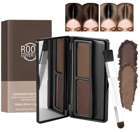 Root Touch Up Powder - Hairline Powder & Hair Root Colour Touch Up, Waterproof Scalp Concealer & Grey Hair Cover Up With Mirror, Fine Powder For Facial Shadows & Eyebrow,Medium & Light Brown