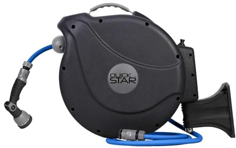 QUICK STAR slangtrumma Zulu 15 m 2 m, automatisk rullning, 180° svängbar, 10 lägen multihanddusch, vattenavlopp kvalitetsslang, trädgårdsslang, väggväxling, universalkoppling