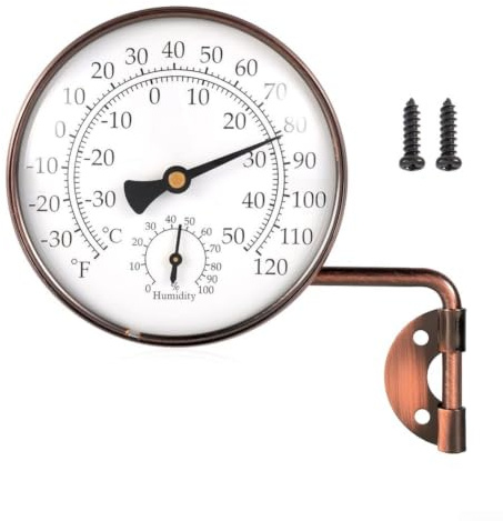 Außenthermometer und Hygrometer aus gealtertem Kupfer mit großem 10,2 cm Display für Garten, Terrasse, Garage, wetterfest, analog, Dual-Skala, Temperatur- und Luftfeuchtigkeitsmesser, Schwenkhalterung
