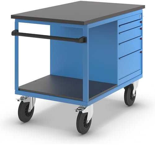eurokraft | Werkbank fahrbar | Tragfähigkeit 500 kg | mit Vier Schubladen | LxBxH 1150 x 700 x 900 mm