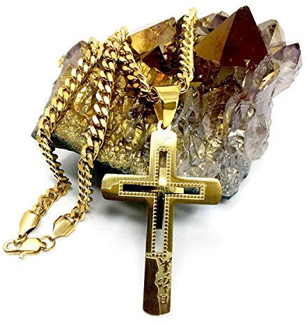 18K guldkedja kors hänge halsband för män, kvinnor 18 karat w/riktigt stark solid spänne Miami kubansk länk stil e 14 karat guldpläterad basmetall, cod. NA