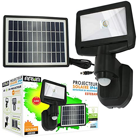 Arum LIGHTING - Projecteur LED Solaire ESTEBAN Noir, Détecteur de Mouvement, 850 Lm (Eq. 70W), Panneau Déporté Câble 3m, Éclairage Extérieur Puissant Blanc Froid, Étanche IP44 Jardin, Garage