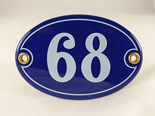 Emaille Hausnummer Schild Nr. 68, oval, Blau-Weiß Handarbeit