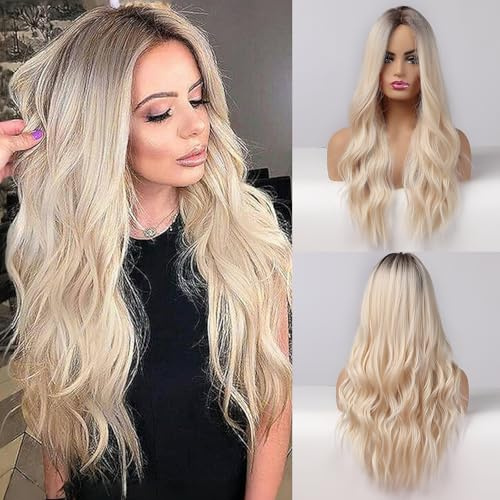 Esmee 26 tum långa blonda peruker för kvinnor Naturligt syntetiskt hår Ombre blond peruk med mörka rötter Syntetisk peruk Lös vågig peruk Värmebeständig