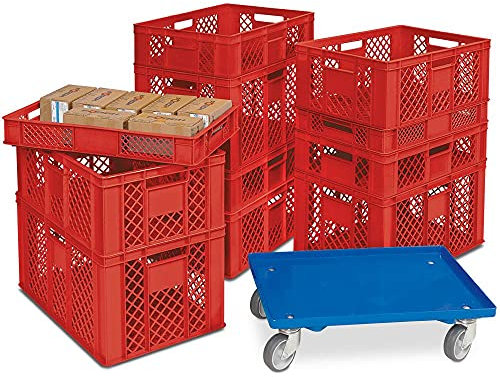 11 contenitori Euro/impilabili in 4 altezze, PE-HD, rosso, 600 x 400 mm, altezza 90 mm/150 mm/240 mm/320 mm, con rullo di trasporto incluso