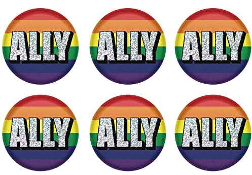 Beistle Ally Buttons – 6-Pack Round Rainbow Pin-Back Badges with Prismatic “ALLY” Text for LGBTQIA+ Support, Parades, Gay Pride Events, Advocacy, and Inclusive Visibility, 2”