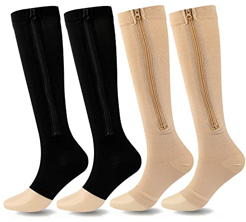 SSDH Kompressionsstrümpfe für Damen und Herren, mit Reißverschluss, 15 – 20 mmHg, Kompressionsstrümpfe, für Krampfadern, Sport, 4 Paar, Schwarz / Beige, L