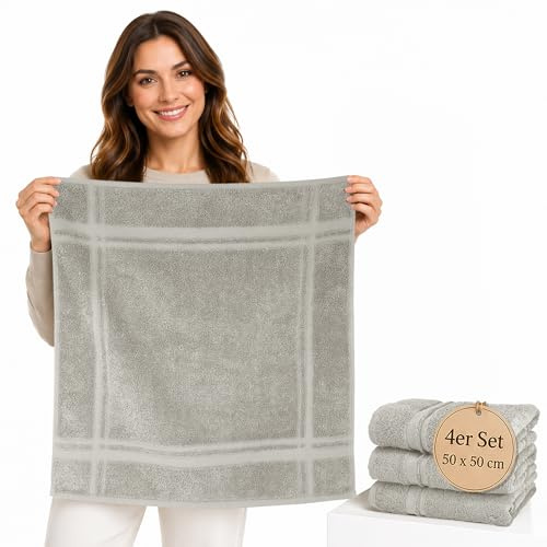 Lashuma Küchenhandtücher Frottee 50 x 50 cm, 4er Set, 100% Baumwolle, 450 g/m², Kiesel Grau | 450 gsm Frottee aus 100% Baumwolle für Küche als Händehandtuch