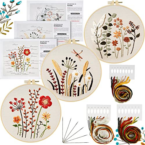 Comius Sharp Anfänger Stickerei Set 3 Stück Handmade Embroidery Starter Kit, Mit Schnittmuster und Beschreibung Blumenmuster Pflanzen Kreuzstich-Kit Starter Tools Kit,für DIY Kunst, Handwerk, Nähen