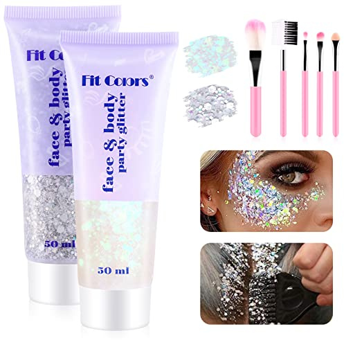 Body Glitter Gel 2 x 50ml Set, PAMIYO Festival Glitzer Gesicht Mermaid Sequins Chunky mit Pinsel, Long Lasting Glitter Powder for Festival Masquerade Birthday Makeup Outfit Damen (White+Silver) | Festival Glitter Gel set mit Pinsel Long Lasting Glitter Powder für Festival Masquerade Birthday Makeup