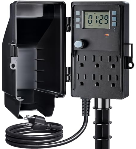 SURAIELEC Outdoor Power Stake, 7-Day Programmable Digital Timer, Power Strip Weatherproof, 6 Multi Plug Electrical Outlet Waterproof, 6 ft Extension Cord for Outside Light, Halloween Decoration