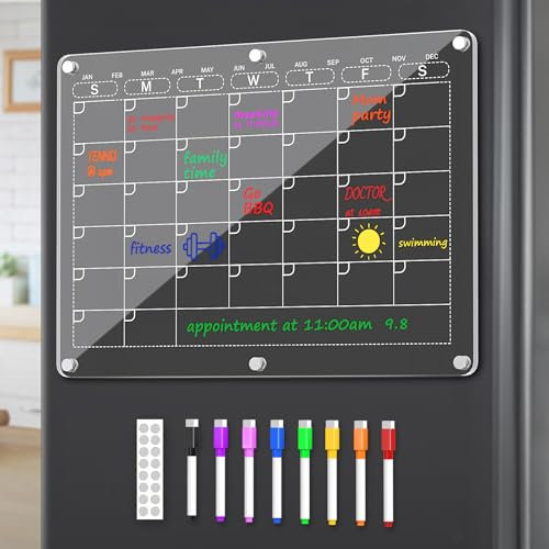 Tmtamye 2025 Magnetisk akrylkalender för kylskåp, klar månadsplanerare och torrraderingskalender för kylskåp med 8 färgmarkörfärger, 36 cm x 25 cm