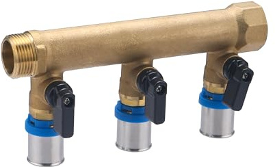 Colector macho-hembra 3/4 con 3 salidas multicapa a prensar Ø20 y válvulas | Latón | Conexión segura, duradera y precisa | Ideal para fontanería | Fácil instalación | QUICK PLOMBERIE