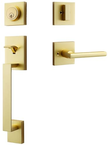 dairazan Modern Satin-Brass Front Door-Handle - Entry Door Lock with Single Cylinder Deadbolt,Exterior Door Lever Set 3 Keys,Reversible for Left and Right Hand Door