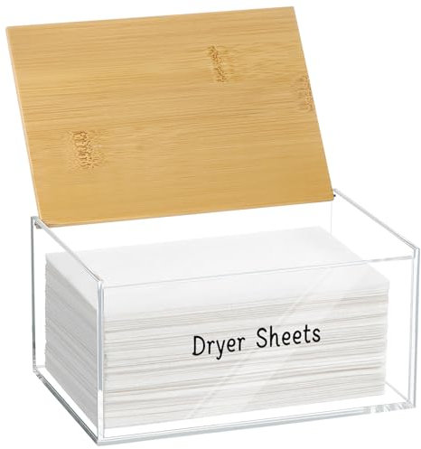 Acrylic Dryer Sheet Holder With Bamboo Lid - Dispenser and Container for Laundry Table - Clear Rectangular Tissue Box